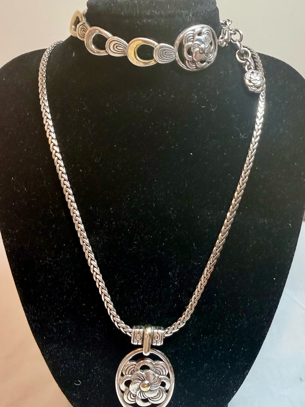 Brighton Silver Floral Medallion Necklace Set with Gold Accent